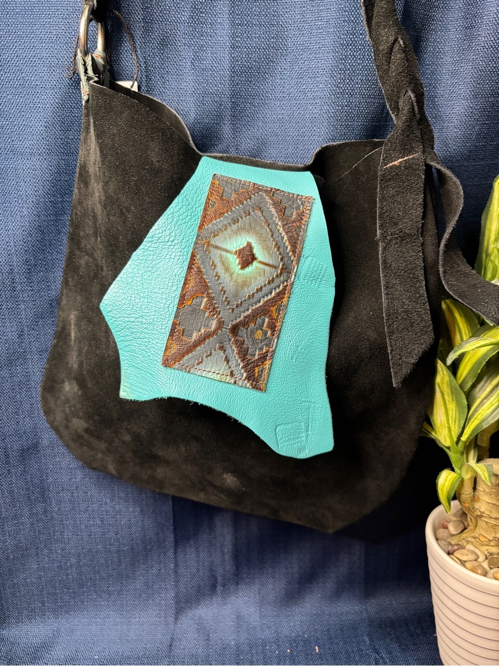 Black Suede Shoulder Bag with Turquoise Accent
